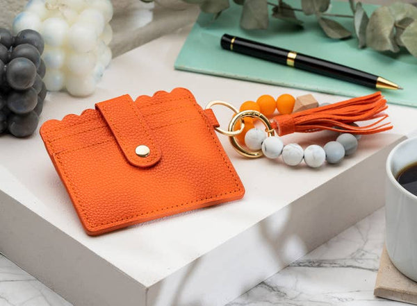Leather Keychain Wallet With Wristlet Bangle Bracelet (Orange)