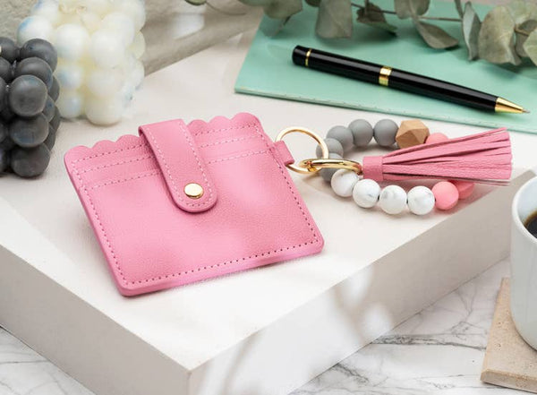 Leather Keychain Wallet With Wristlet Bangle Bracelet (Pink)