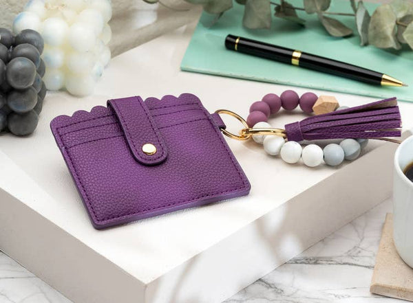 Leather Keychain Wallet With Wristlet Bangle Bracelet (Purple)