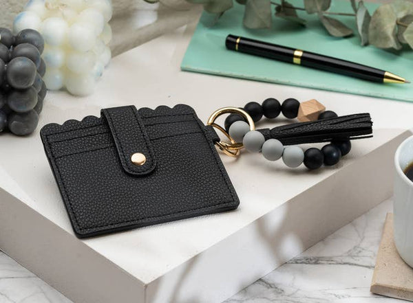 Leather Keychain Wallet With Wristlet Bangle Bracelet (Black)