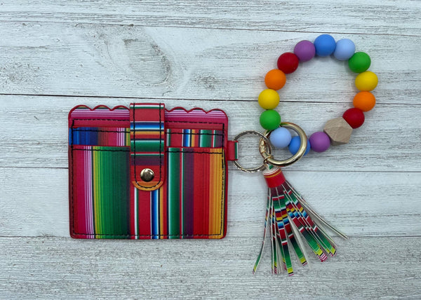 Leather Keychain Wallet With Wristlet Bangle Bracelet (Rainbow)
