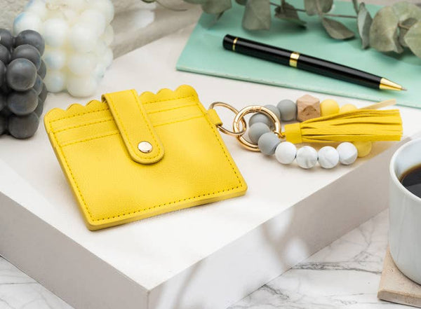 Leather Keychain Wallet With Wristlet Bangle Bracelet (Yellow)
