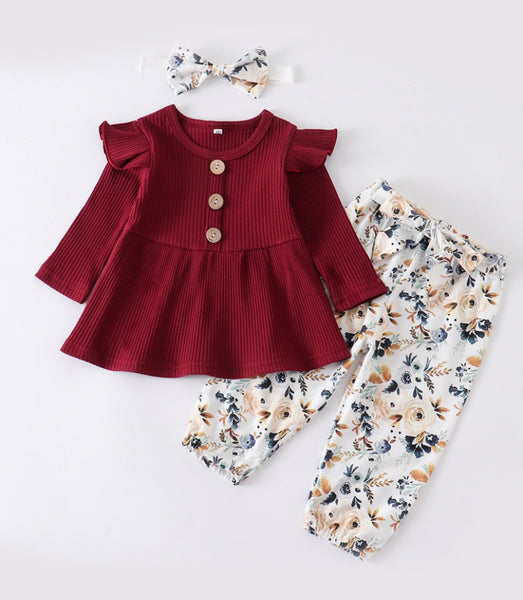 Floral Baby Ruffle Set with Head Band (Maroon)